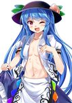  :d ;d black_hat blue_hair blue_skirt blush breasts center_opening collarbone commentary_request cowboy_shot dress_shirt e.o. flat_chest food frills fruit hat highres hinanawi_tenshi leaf lifted_by_self long_hair looking_at_viewer navel no_bra one_eye_closed open_clothes open_mouth open_shirt peach puffy_short_sleeves puffy_sleeves rainbow_gradient rainbow_order red_eyes ribs shirt short_sleeves sidelocks skinny skirt skirt_lift small_breasts smile solo stomach touhou v-shaped_eyebrows very_long_hair white_background white_shirt 