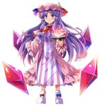  bangs blue_bow blue_ribbon blunt_bangs blush book bow bowtie breasts capelet closed_mouth commentary_request crescent crystal dress e.o. frilled_sleeves frills full_body hair_bow hat hat_ribbon holding holding_book long_hair long_sleeves looking_at_viewer mob_cap open_book pajamas patchouli_knowledge purple_eyes purple_hair red_bow red_neckwear red_ribbon ribbon shoes sidelocks small_breasts solo striped touhou vertical-striped_dress vertical_stripes very_long_hair white_background white_footwear wide_sleeves 