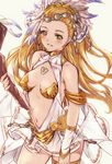  absurdres armlet bare_shoulders blonde_hair blush breasts center_opening cleavage dress feathers granblue_fantasy hair_ornament highres jewelry long_hair looking_at_viewer navel niko_(tama) petra_(granblue_fantasy) ponytail scepter sleeveless sleeveless_dress small_breasts smile solo white_dress wristband yellow_eyes 