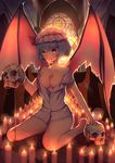  bad_id bad_pixiv_id bare_legs bat_wings blood blood_drip blood_on_face blue_hair breasts candle church cleavage fingernails hat highres indoors looking_at_viewer medium_breasts mob_cap nail_polish open_clothes puffy_sleeves red_eyes remilia_scarlet ritual short_sleeves sitting skull solo stained_glass touhou vampire wariza wings xiaosan_ye 