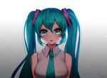  ankkoyom aqua_eyes aqua_hair bad_id bad_pixiv_id bare_shoulders breasts hatsune_miku long_hair looking_at_viewer medium_breasts necktie open_mouth sleeveless solo tears teeth twintails vocaloid 