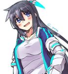  adyisu area_aquamarine black_hair blue_eyes blush breasts cyborg large_breasts long_hair looking_at_viewer mechanical_arm open_mouth original prosthesis prosthetic_arm smile solo 