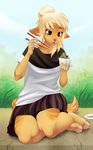  4_toes 5_fingers anthro blonde_hair brown_eyes cat chopsticks clothed clothing day detailed_background eyelashes facial_piercing feline female grass hair mammal muramuri nose_piercing nose_ring outside piercing sidewalk sitting skirt solo toes 