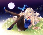  ;q animal_ears bare_shoulders black_legwear blonde_hair blue_eyes blue_leotard breasts bunny_ears bunny_girl bunnysuit cleavage closed_mouth cup detached_collar fake_animal_ears food full_body full_moon grass hairband head_tilt highres holding holding_cup jug kuuki_shoujo leg_up leotard long_hair looking_at_viewer lying medium_breasts moon night night_sky on_back one_eye_closed pantyhose plant red_ribbon ribbon shinia shooting_star sky solo strapless strapless_leotard the_personification_of_atmosphere tongue tongue_out wrist_cuffs 