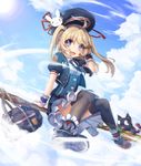  1girl :3 :d ahoge bag beret black_legwear black_neckwear black_skirt blonde_hair blue_eyes blue_hat blush blush_stickers broom broom_riding cat center_frills cloud collared_shirt day eyebrows eyebrows_visible_through_hair facial_mark frills hat heart heart-shaped_pupils highres long_hair looking_at_viewer necktie open_mouth original outdoors over-kneehighs pleated_skirt puffy_short_sleeves puffy_sleeves school_bag school_uniform shirt short_sleeves shorts sidesaddle skirt sky smile solo sora_(dkssud6580) star sun symbol-shaped_pupils thighhighs triangle_mouth twintails white_shirt wing_collar 
