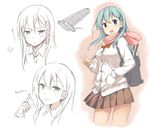  :&lt; :d alternate_costume alternate_eye_color aqua_hair bag blue_eyes brown_skirt cardigan cropped_legs hair_ornament hairclip hand_in_pocket kantai_collection long_hair long_sleeves looking_at_viewer open_mouth pink_scarf pleated_skirt scarf school_bag school_uniform shoulder_bag skirt smile solo suzuya_(kantai_collection) takayaki translation_request v 