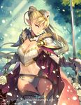  blonde_hair breasts cape cleavage commentary_request earrings expressionless flower fur_trim gauntlets green_eyes hat holding holding_weapon jewelry knight large_breasts leotard looking_at_viewer luoxuan_jingjie_xian lvans navel pauldrons pointy_ears ponytail rose sheath sleeveless star sword thighhighs translucent weapon white_flower white_rose 