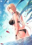  arms_at_sides ass back bangs bare_arms bare_shoulders bikini black_bikini blonde_hair blue_sky blurry bracelet breasts cloud cowboy_shot day depth_of_field dutch_angle eyebrows eyebrows_visible_through_hair eyelashes from_side genderswap genderswap_(mtf) hair_over_shoulder hair_tie halterneck izumi_kouhei jewelry large_breasts leaf lens_flare light_particles long_hair looking_back low_twintails motion_blur ocean outdoors pepper_fever petals pout shiny shiny_skin sky solo summer swimsuit twintails wading wet world_trigger yellow_eyes 