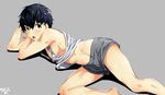  abs arizuka_(catacombe) black_hair grey_background highres looking_at_viewer lying male_focus navel nipples on_side open_mouth original red_mask_(arizuka) shirt shirt_lift shorts signature simple_background solo tank_top 