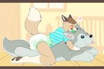  &lt;3 ageplay anthro blush brown_hair canine cuddlehooves diaper dry_hump eyes_closed fox fur hair male mammal masturbation pacifier pawpads plushie solo tan_fur window 