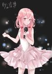  absurdres bare_shoulders clenched_hand dress guilty_crown highres idol long_hair microphone pink_eyes pink_hair sketch solo strapless strapless_dress twintails yue_jiang yuzuriha_inori 