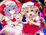  blonde_hair blue_hair blush fang flandre_scarlet fuji_hyorone happy hat moon multiple_girls red_eyes red_moon remilia_scarlet short_hair siblings sisters smile touhou wings 