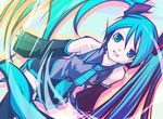  bare_shoulders blue_eyes blue_hair detached_sleeves dutch_angle haiiro hatsune_miku long_hair open_mouth smile solo thighhighs twintails very_long_hair vocaloid 