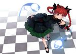  absurdres animal_ears bow braid cat_ears checkered dress extra_ears finger_to_mouth from_above ghost hair_bow hair_ribbon highres kaenbyou_rin leaning_forward red_eyes red_hair ribbon rokuwata_tomoe short_hair skull solo touhou twin_braids twintails 