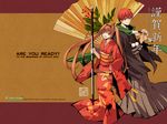  1girl 2010 adol_christin alternate_costume brown_background brown_hair company_name crossover eiyuu_densetsu enami_katsumi estelle_bright falcom fan grey_eyes grey_hakama hair_intakes hakama highres japanese_clothes kimono long_hair official_art red_hair smile sora_no_kiseki staff twintails ys ys_vs_sora_no_kiseki_alternative_saga 