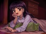  blush cardcaptor_sakura chin_rest hair_down li_meiling long_hair mutsuki_(moonknives) open_mouth pajamas pillow purple_hair red_eyes solo under_covers 