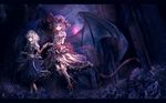  archlich basket bat_wings braid floating flower frills gothic hat holding_hands izayoi_sakuya moon multiple_girls red_eyes remilia_scarlet rose thighhighs too_many too_many_frills touhou twin_braids wallpaper wings 
