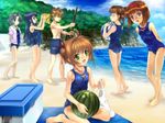  barefoot beach blanket blue_hair blue_sky brown_eyes brown_hair card_captor_sakura child cloud clouds cooler cove daidouji_tomoyo feet flat_chest food forest fruit green_eyes highres kinomoto_sakura li_syaoran li_xiaolang mihara_chiharu moonknives mutsuki_(moonknives) nature ocean one-piece_swimsuit sasaki_rika school_swimsuit sky swimsuit toes watermelon yanagisawa_naoko 