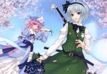  absurdres blue_eyes cherry_blossoms cloud day flower ghost hairband hat highres japanese_clothes kimono konpaku_youmu konpaku_youmu_(ghost) multiple_girls open_mouth petals pink_eyes pink_hair ribbon rokuwata_tomoe saigyouji_yuyuko short_hair silver_hair sky touhou tree 