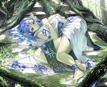  anklet bad_feet bad_id bad_pixiv_id barefoot blue_hair bracelet breasts feet forest hair_ornament hairclip hands_on_own_chest jewelry large_breasts legs light_rays long_hair lying moss mushroom nakabayashi_reimei nature olha_(ys) pointy_ears purple_eyes roots smile soles solo sunbeam sunlight toes tree under_tree ys ys_vi_ark_of_napishtim 