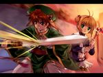  1girl battle brown_eyes brown_hair cardcaptor_sakura fuuin_no_tsue green_eyes hair_bobbles hair_ornament hat highres kinomoto_sakura li_xiaolang magical_girl mutsuki_(moonknives) protecting short_hair sword sword_(clow_card) wallpaper weapon 