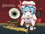  bat_wings blue_hair chin_rest gochou_(atemonai_heya) hat instrument phonograph red_eyes remilia_scarlet saxophone short_hair smile solo tea touhou wings wrist_cuffs 