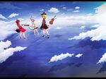  blonde_hair cloud day etogami_kazuya highres instrument keyboard_(instrument) lunasa_prismriver lyrica_prismriver merlin_prismriver multiple_girls siblings sisters sky touhou trumpet violin wallpaper 