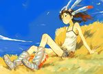  bad_id bad_pixiv_id boots brown_eyes brown_hair camisole cloud copyright_request day denim denim_shorts feathers headband navel niwa shorts sitting sky solo 