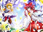  :d apron bad_id bad_pixiv_id blonde_hair blue_eyes bow brown_hair full_body hair_bow hakurei_reimu hat highres kal_(pixiv) kirisame_marisa looking_at_viewer looking_back multiple_girls open_mouth petals red_bow sidelocks smile standing touhou waist_apron witch_hat 