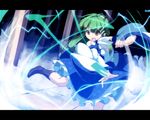  :o asakura_masatoki blue_skirt detached_sleeves green_eyes green_hair kochiya_sanae long_sleeves magic nontraditional_miko open_mouth pillar skirt solo standing touhou vest 