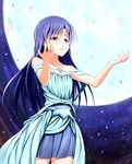  bare_shoulders blue_hair blue_skirt brown_eyes collarbone dress highres idolmaster idolmaster_(classic) jewelry kisaragi_chihaya kiu_(dear_deer) long_hair moon necklace open_mouth pleated_skirt skirt snowflakes solo strapless strapless_dress tears 
