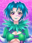  breasts burbur cleavage eyeshadow feathers green_hair highres lipstick looking_at_viewer makeup medium_breasts mole mole_under_eye pink_eyes short_hair smile solo soulcalibur soulcalibur_iii stitches tira_(soulcalibur) underboob 