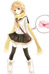  akano_sakura arms_behind_back bad_id bad_pixiv_id black_legwear black_skirt blonde_hair blue_eyes hair_ornament kagamine_rin letter looking_at_viewer love_letter pleated_skirt scarf school_uniform shirt short_hair simple_background skirt solo thighhighs vocaloid white_background white_shirt yellow_scarf 