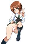  1girl blush brown_eyes brown_hair cum cum_on_clothes girls_und_panzer groin navel nishizumi_miho ouhashi panties pink_panties school_uniform skirt solo spread_legs underwear upskirt 