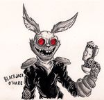 2016 anthro armor blackjack_o&#039;hare buckteeth claws clothed clothing cybernetics eyewear front_view fur guardians_of_the_galaxy gun hare hi_res lagomorph long_ears looking_at_viewer machine male mammal marvel metalsmile open_mouth pose rabbit ranged_weapon red_eyes simple_background smile solo standing teeth text traditional_media_(artwork) weapon white_background 