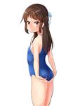  adjusting_clothes adjusting_swimsuit ass blush bow brown_eyes brown_hair competition_school_swimsuit flat_ass from_side hair_bow half_updo highres idolmaster idolmaster_cinderella_girls long_hair looking_back one-piece_swimsuit rangen school_swimsuit simple_background solo swimsuit tachibana_arisu white_background 
