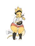  alphys anthro blush clothed clothing english_text eyes_closed female food lizard mammal nicoleships nintendo reptile scalie simple_background smile solo standing tamyra text thick_thighs undertale video_games white_background wide_hips 