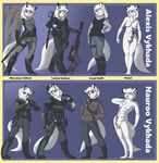  2016 alexis_vykhada anthro armor boots breasts cat chest_tuft clothed clothing digital_media_(artwork) feline female fluffy footwear fur gun hair ineedmoredosh jeans long_hair male mammal melee_weapon model_sheet nauroo_vykhada nipples nude open_mouth pants penis purple_eyes pussy ranged_weapon scar scarf smile standing sword tattoo tuft weapon white_fur white_hair 