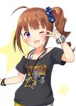  ;d ahoge ariel23795 bangs black_shirt blunt_bangs blush breasts brown_hair clothes_writing collarbone hair_ornament hair_scrunchie idolmaster idolmaster_million_live! jewelry long_hair looking_at_viewer necklace off-shoulder_shirt one_eye_closed open_mouth print_scrunchie purple_eyes scrunchie shirt side_ponytail small_breasts smile solo star star_necklace star_print starry_background striped striped_scrunchie t-shirt v wrist_scrunchie yokoyama_nao 