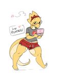  3ds alphys anthro blush clothed clothing english_text eyewear female glasses lizard mammal nintendo reptile scalie simple_background smile solo standing text thick_thighs undertale video_games walking white_basckground wide_hips 
