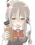  alcohol bad_id bad_nicoseiga_id blush bottle breasts brown_eyes commentary corset eyebrows grey_hair hair_between_eyes hat holding holding_bottle italian kantai_collection large_breasts long_hair looking_at_viewer masupa_kiriu mini_hat open_mouth pola_(kantai_collection) shirt simple_background solo teeth thick_eyebrows upper_body wavy_hair white_background white_shirt 