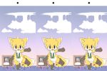  3_toes 4_fingers anthro black_eyes blush canine cloud cross_eye_stereogram fox fur happy konzaburou lintw male mammal neck_tuft open_mouth outside pawpads sky solo standing stereogram toes tuft wall_eye_stereogram yellow_fur 