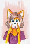  2016 anthro blonde_hair blue_eyes canine cheerful clothed clothing cute drawing female fox fur hair invalid_tag looking_at_viewer mammal short_hair smile solo tongue tongue_out traditional_media_(artwork) wunderknodel yellow_fur 