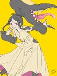 batteru-teru black_hair detached_sleeves extra_mouth flat_chest gen_3_pokemon grin hakama highres japanese_clothes mawile monster_girl nail_polish personification pokemon pokemon_(game) red_eyes sharp_teeth smile solo teeth wide_sleeves yellow_background 