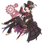  adapted_costume boots brown_hair cravat crossed_legs earrings gears hat high_heel_boots high_heels jewelry kashuu_kiyomitsu katana male_focus mole mole_under_mouth nail_polish nightcat ponytail red_eyes red_nails smile solo steampunk sword top_hat touken_ranbu weapon 