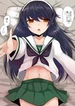  :o bed_sheet black_hair girls_und_panzer green_skirt hairband han_(jackpot) long_hair looking_at_viewer lying midriff navel on_back ooarai_school_uniform open_mouth orange_eyes outstretched_hand pillow pleated_skirt reizei_mako school_uniform serafuku skirt solo translated white_hairband 