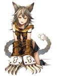  :3 :d all_fours animal_ears armband bangs black_skirt blush breasts cat_ears cat_paws claw_(weapon) collarbone erune gloves granblue_fantasy grey_hair hair_between_eyes highres kneeling long_hair looking_at_viewer midriff miniskirt open_mouth orange_eyes paw_gloves paws sen_(granblue_fantasy) shadow shibainu simple_background skirt small_breasts smile solo tsurime weapon white_background 