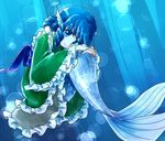  blue_eyes blue_hair bubble colored_eyelashes drill_hair gimicalmas head_fins japanese_clothes kimono light_rays long_sleeves mermaid monster_girl obi sash solo touhou underwater wakasagihime wide_sleeves 
