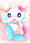  &lt;3 bed blue_eyes blush bow clothing cute dress female legwear looking_at_viewer lovelitchi open_mouth panties pillow presenting stockings tamagotchi underwear unknown_artist 