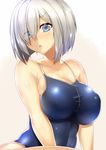  :o alternate_costume bare_arms bare_shoulders blue_eyes blue_swimsuit blush body_blush breasts cleavage collarbone competition_school_swimsuit covered_nipples eyebrows eyebrows_visible_through_hair eyes_visible_through_hair hair_ornament hair_over_one_eye hairclip hamakaze_(kantai_collection) kantai_collection large_breasts looking_at_viewer one-piece_swimsuit open_mouth saintshiro school_swimsuit shiny shiny_clothes short_hair silver_hair sitting solo swimsuit thighs 